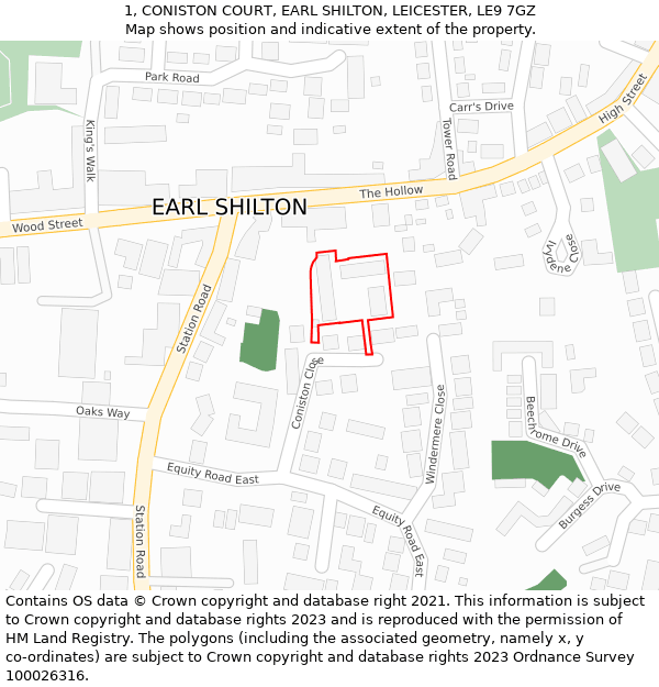 1, CONISTON COURT, EARL SHILTON, LEICESTER, LE9 7GZ: Location map and indicative extent of plot