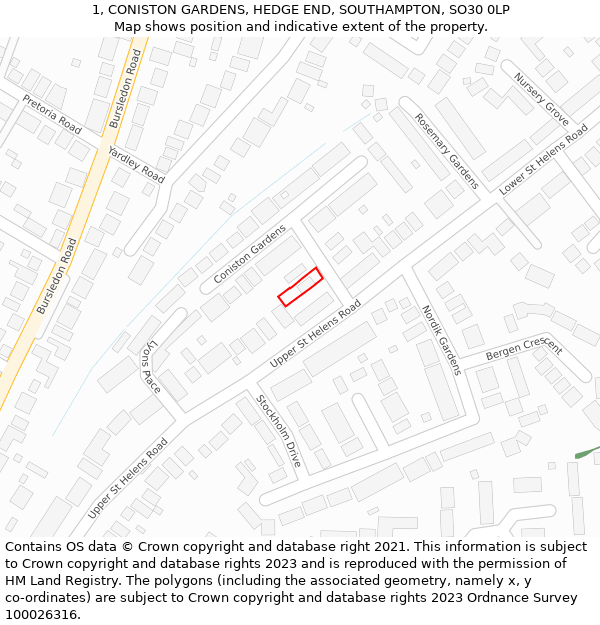 1, CONISTON GARDENS, HEDGE END, SOUTHAMPTON, SO30 0LP: Location map and indicative extent of plot