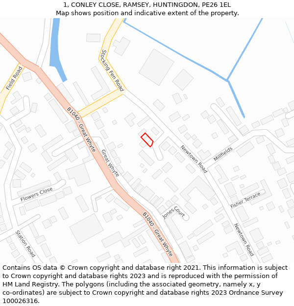 1, CONLEY CLOSE, RAMSEY, HUNTINGDON, PE26 1EL: Location map and indicative extent of plot