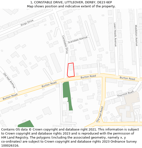 1, CONSTABLE DRIVE, LITTLEOVER, DERBY, DE23 6EP: Location map and indicative extent of plot