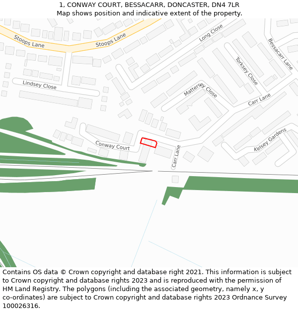 1, CONWAY COURT, BESSACARR, DONCASTER, DN4 7LR: Location map and indicative extent of plot