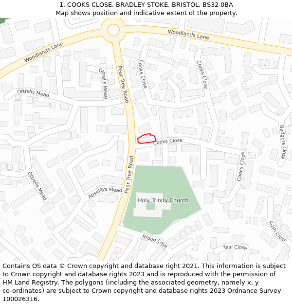 1, COOKS CLOSE, BRADLEY STOKE, BRISTOL, BS32 0BA: Location map and indicative extent of plot