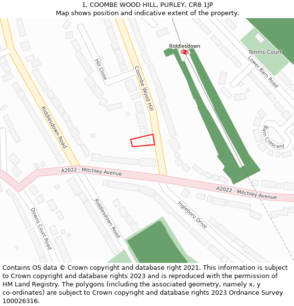 1, COOMBE WOOD HILL, PURLEY, CR8 1JP: Location map and indicative extent of plot