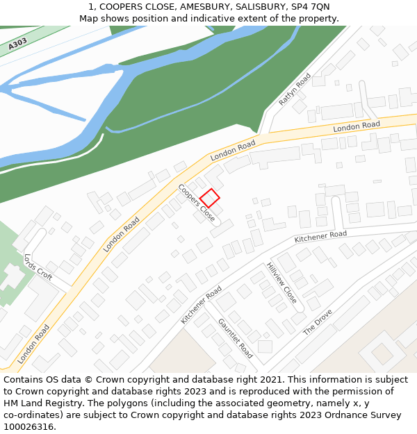 1, COOPERS CLOSE, AMESBURY, SALISBURY, SP4 7QN: Location map and indicative extent of plot