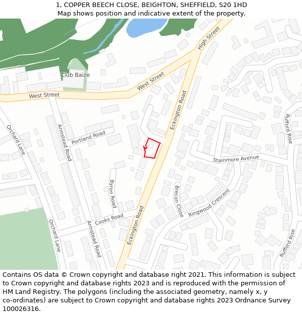 1, COPPER BEECH CLOSE, BEIGHTON, SHEFFIELD, S20 1HD: Location map and indicative extent of plot