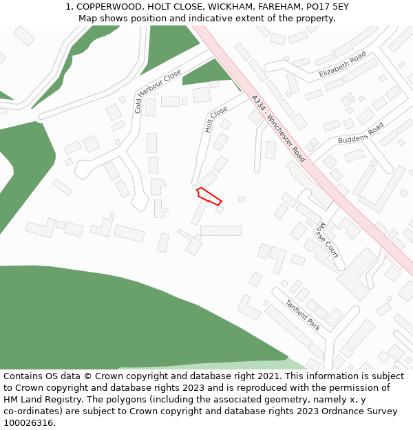 1, COPPERWOOD, HOLT CLOSE, WICKHAM, FAREHAM, PO17 5EY: Location map and indicative extent of plot