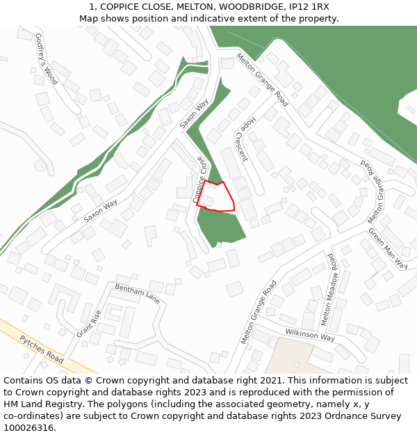 1, COPPICE CLOSE, MELTON, WOODBRIDGE, IP12 1RX: Location map and indicative extent of plot