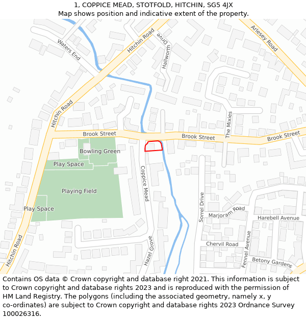 1, COPPICE MEAD, STOTFOLD, HITCHIN, SG5 4JX: Location map and indicative extent of plot