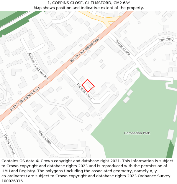 1, COPPINS CLOSE, CHELMSFORD, CM2 6AY: Location map and indicative extent of plot