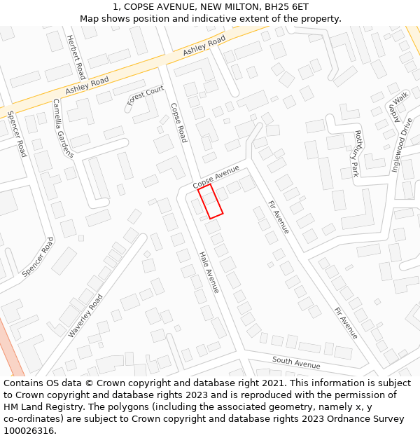 1, COPSE AVENUE, NEW MILTON, BH25 6ET: Location map and indicative extent of plot