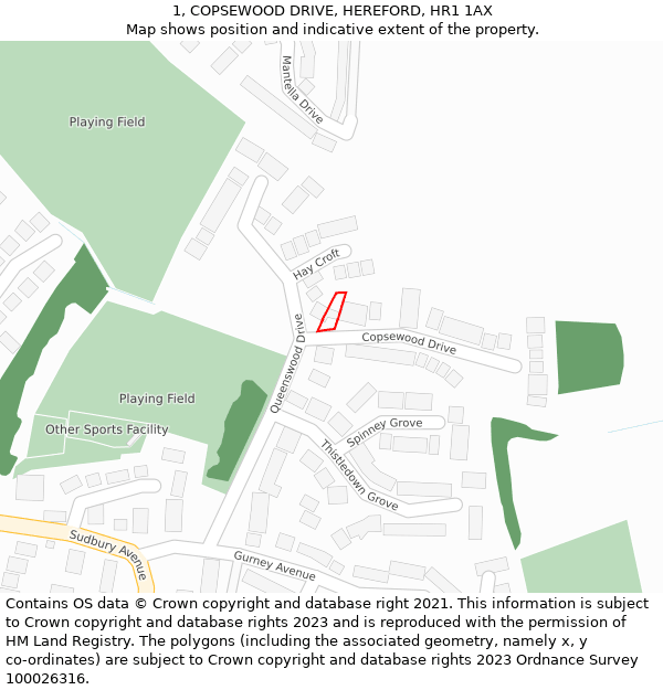 1, COPSEWOOD DRIVE, HEREFORD, HR1 1AX: Location map and indicative extent of plot