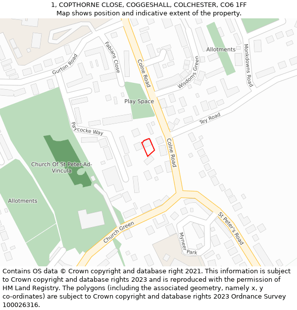 1, COPTHORNE CLOSE, COGGESHALL, COLCHESTER, CO6 1FF: Location map and indicative extent of plot