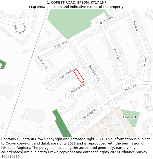 1, CORBET ROAD, EPSOM, KT17 1NF: Location map and indicative extent of plot