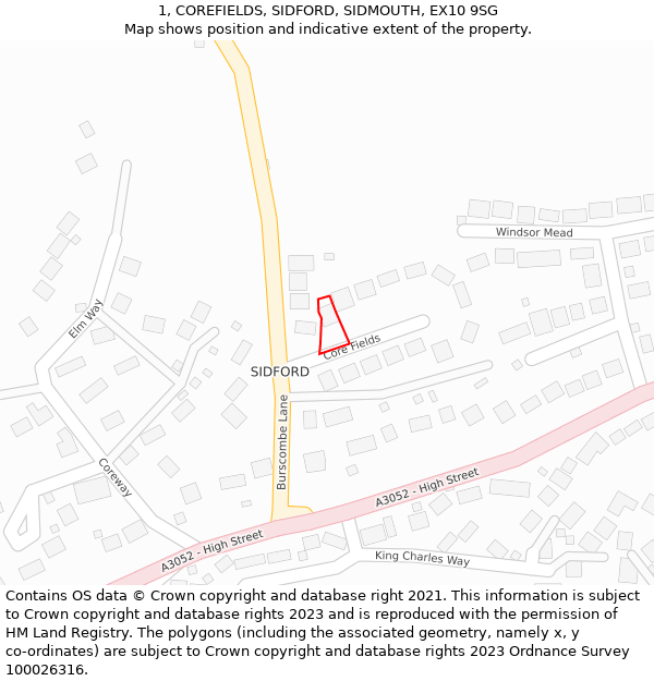 1, COREFIELDS, SIDFORD, SIDMOUTH, EX10 9SG: Location map and indicative extent of plot