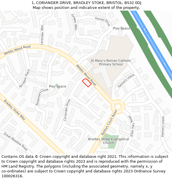 1, CORIANDER DRIVE, BRADLEY STOKE, BRISTOL, BS32 0DJ: Location map and indicative extent of plot