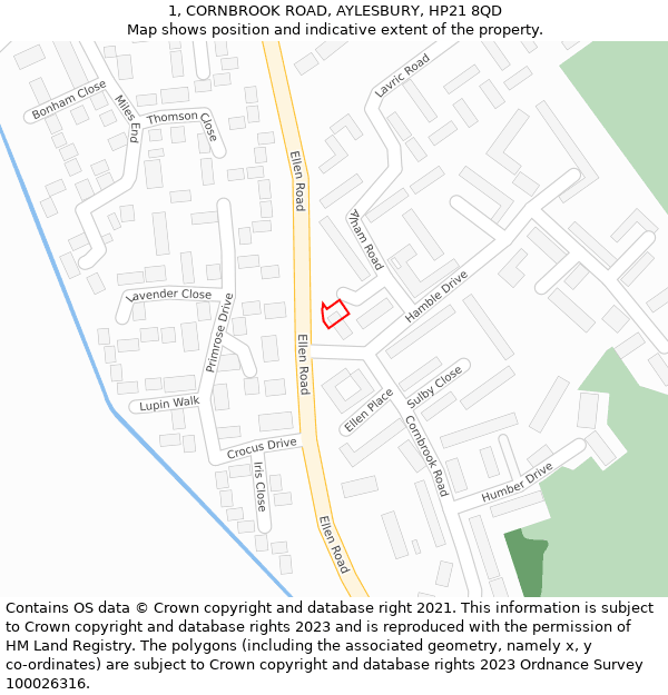 1, CORNBROOK ROAD, AYLESBURY, HP21 8QD: Location map and indicative extent of plot