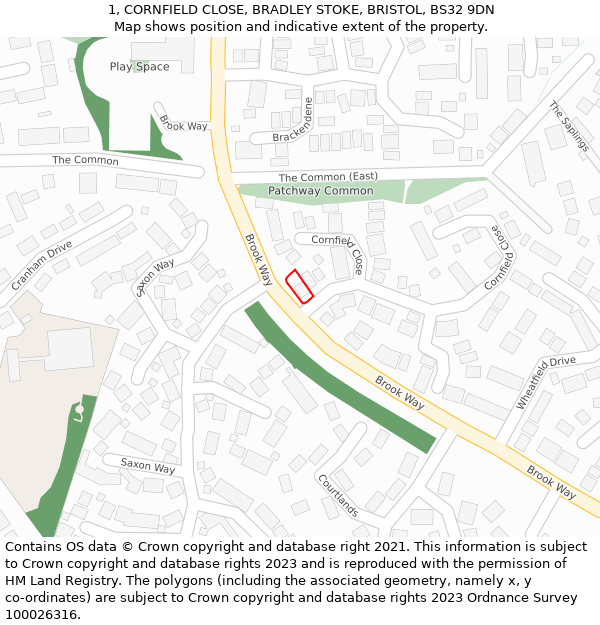 1, CORNFIELD CLOSE, BRADLEY STOKE, BRISTOL, BS32 9DN: Location map and indicative extent of plot