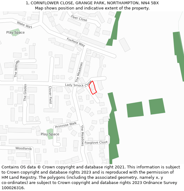 1, CORNFLOWER CLOSE, GRANGE PARK, NORTHAMPTON, NN4 5BX: Location map and indicative extent of plot
