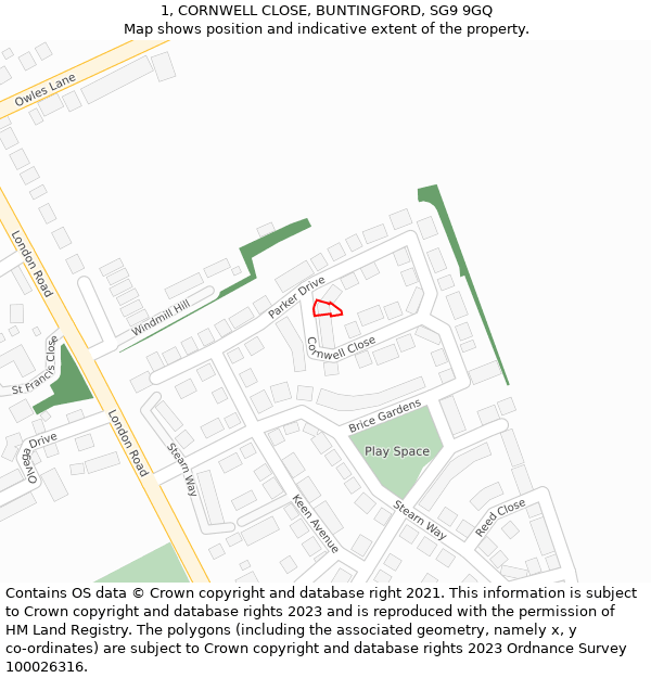 1, CORNWELL CLOSE, BUNTINGFORD, SG9 9GQ: Location map and indicative extent of plot