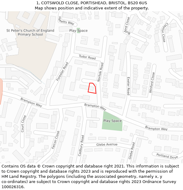 1, COTSWOLD CLOSE, PORTISHEAD, BRISTOL, BS20 6US: Location map and indicative extent of plot