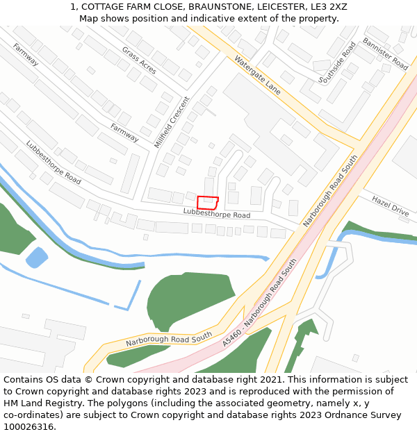 1, COTTAGE FARM CLOSE, BRAUNSTONE, LEICESTER, LE3 2XZ: Location map and indicative extent of plot