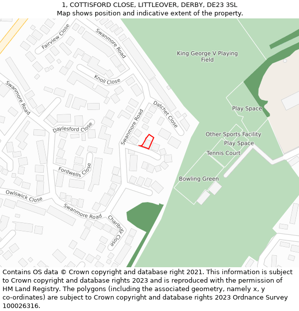1, COTTISFORD CLOSE, LITTLEOVER, DERBY, DE23 3SL: Location map and indicative extent of plot