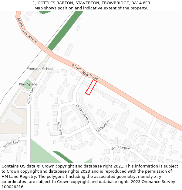 1, COTTLES BARTON, STAVERTON, TROWBRIDGE, BA14 6FB: Location map and indicative extent of plot