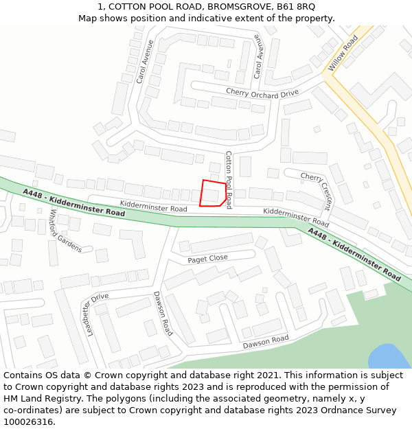 1, COTTON POOL ROAD, BROMSGROVE, B61 8RQ: Location map and indicative extent of plot