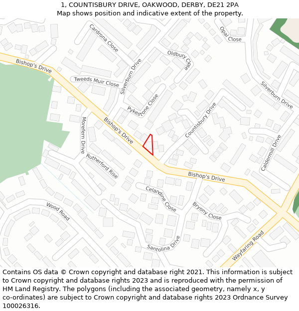 1, COUNTISBURY DRIVE, OAKWOOD, DERBY, DE21 2PA: Location map and indicative extent of plot