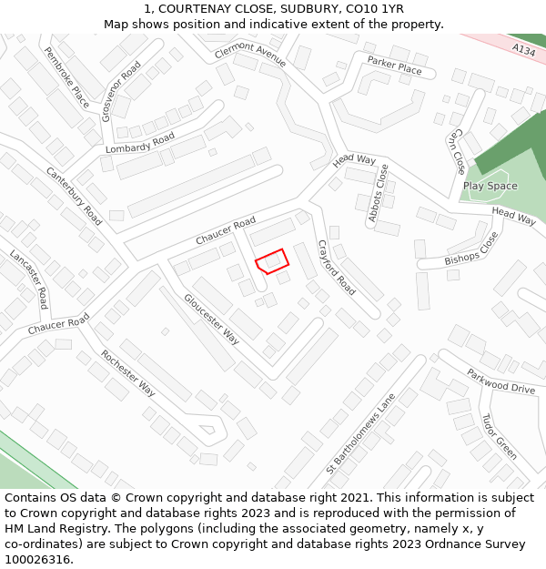 1, COURTENAY CLOSE, SUDBURY, CO10 1YR: Location map and indicative extent of plot