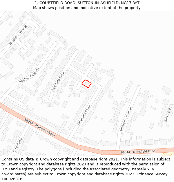 1, COURTFIELD ROAD, SUTTON-IN-ASHFIELD, NG17 3AT: Location map and indicative extent of plot