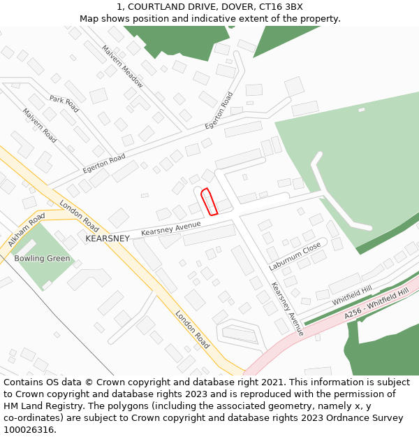 1, COURTLAND DRIVE, DOVER, CT16 3BX: Location map and indicative extent of plot