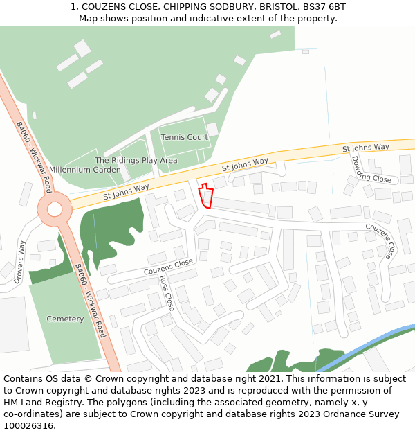 1, COUZENS CLOSE, CHIPPING SODBURY, BRISTOL, BS37 6BT: Location map and indicative extent of plot