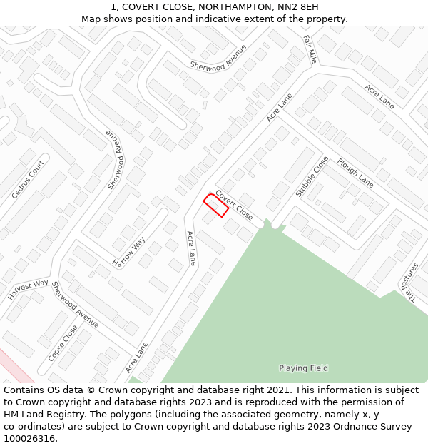 1, COVERT CLOSE, NORTHAMPTON, NN2 8EH: Location map and indicative extent of plot