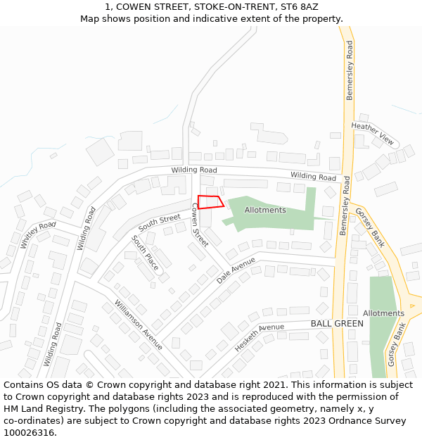 1, COWEN STREET, STOKE-ON-TRENT, ST6 8AZ: Location map and indicative extent of plot