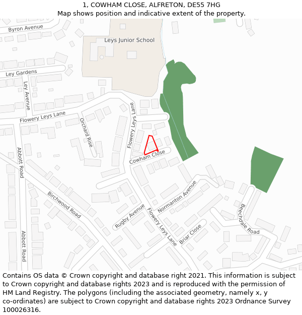 1, COWHAM CLOSE, ALFRETON, DE55 7HG: Location map and indicative extent of plot