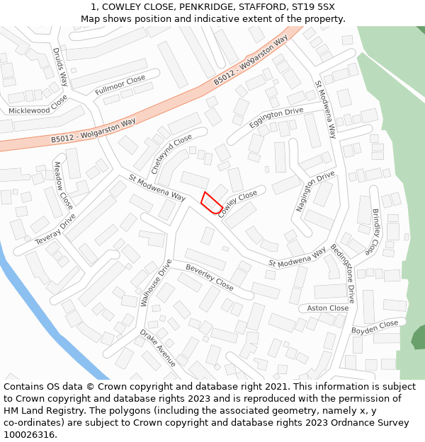 1, COWLEY CLOSE, PENKRIDGE, STAFFORD, ST19 5SX: Location map and indicative extent of plot