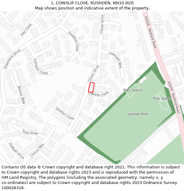1, COWSLIP CLOSE, RUSHDEN, NN10 0UD: Location map and indicative extent of plot