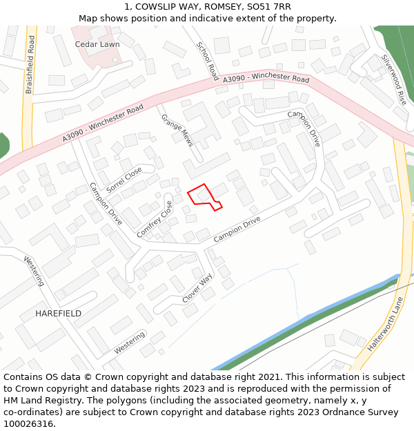 1, COWSLIP WAY, ROMSEY, SO51 7RR: Location map and indicative extent of plot