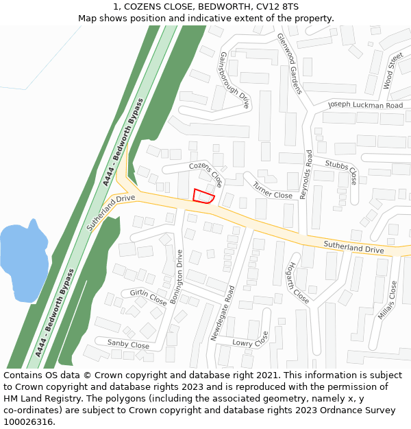 1, COZENS CLOSE, BEDWORTH, CV12 8TS: Location map and indicative extent of plot