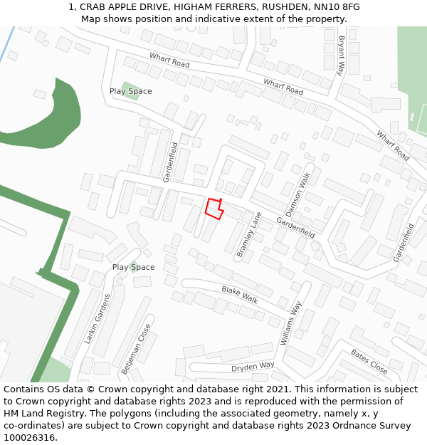 1, CRAB APPLE DRIVE, HIGHAM FERRERS, RUSHDEN, NN10 8FG: Location map and indicative extent of plot