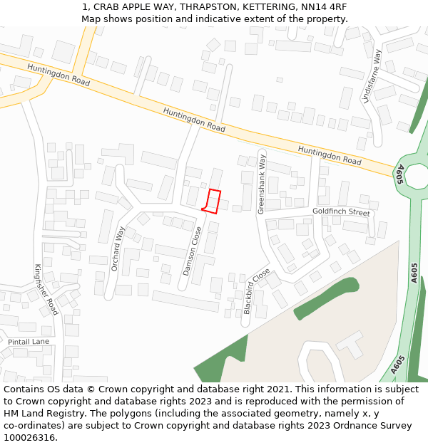 1, CRAB APPLE WAY, THRAPSTON, KETTERING, NN14 4RF: Location map and indicative extent of plot