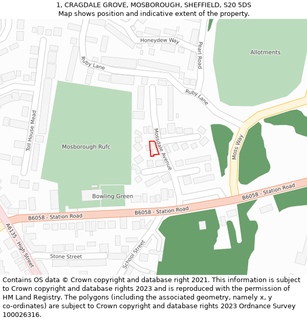 1, CRAGDALE GROVE, MOSBOROUGH, SHEFFIELD, S20 5DS: Location map and indicative extent of plot