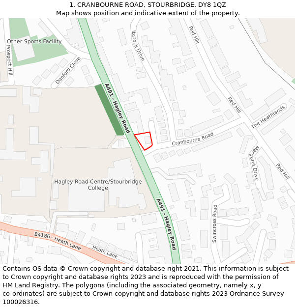 1, CRANBOURNE ROAD, STOURBRIDGE, DY8 1QZ: Location map and indicative extent of plot