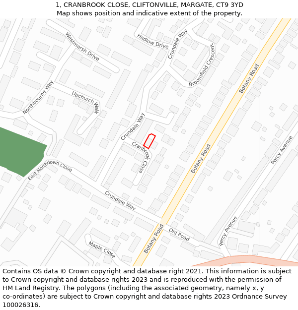 1, CRANBROOK CLOSE, CLIFTONVILLE, MARGATE, CT9 3YD: Location map and indicative extent of plot