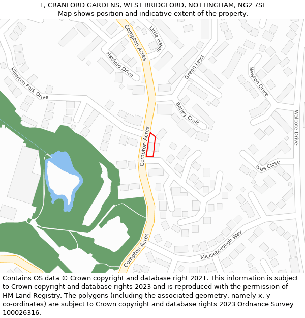 1, CRANFORD GARDENS, WEST BRIDGFORD, NOTTINGHAM, NG2 7SE: Location map and indicative extent of plot