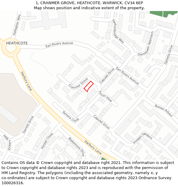1, CRANMER GROVE, HEATHCOTE, WARWICK, CV34 6EP: Location map and indicative extent of plot