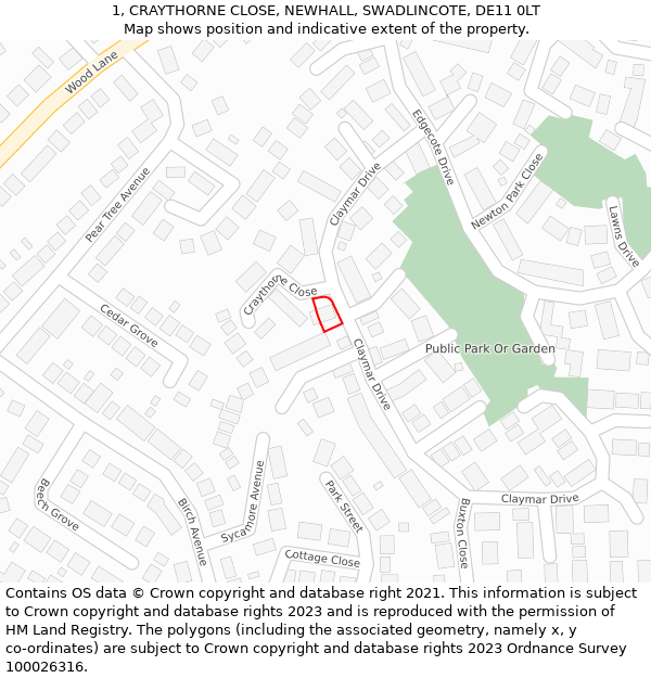 1, CRAYTHORNE CLOSE, NEWHALL, SWADLINCOTE, DE11 0LT: Location map and indicative extent of plot