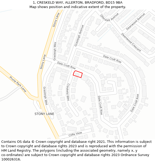 1, CRESKELD WAY, ALLERTON, BRADFORD, BD15 9BA: Location map and indicative extent of plot