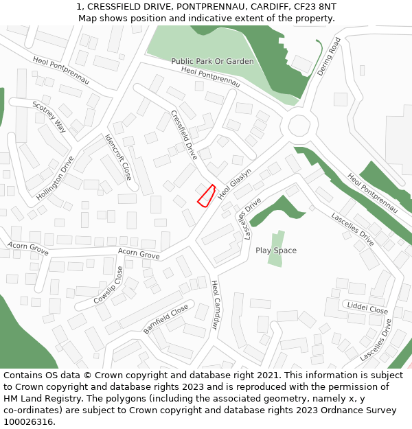 1, CRESSFIELD DRIVE, PONTPRENNAU, CARDIFF, CF23 8NT: Location map and indicative extent of plot